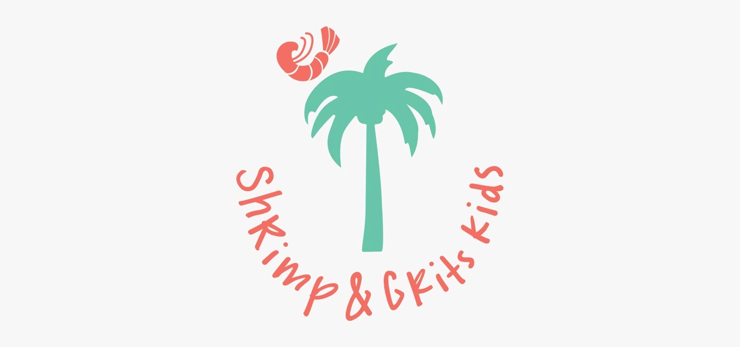 Shrimp & Grits Kids logo: a green palm tree and a coral shrimp above hand-lettered brand name